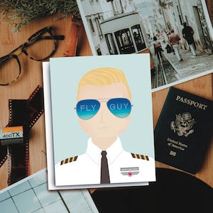 Carte d’anniversaire de lunettes de soleil Pilot FLY GUY Aviator, carte Punny B-Day pour lui, carte d’anniversaire pilote, carte d’anniversaire Pilot Aviator, carte Funny B Day