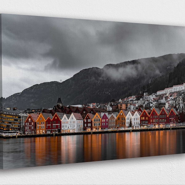 Famous Places Art Canvas-Bryggen Bergen Norway Art Canvas Poster/Gift/Printed Pictures Wall Art Decoration POSTER or CANVAS READY to Hang