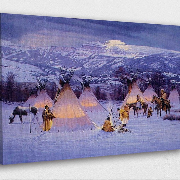 American Indian Art Canvas-American Indian Village at Sunset Art Poster/Printed Picture Wall Art Decoration POSTER or CANVAS READY to Hang