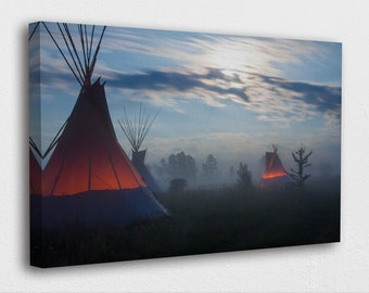 American Indian Art Canvas-Native Indians in Foggy TeePee Hut Art Canvas/Printed Picture Wall Art Decoration POSTER or CANVAS READY to Hang