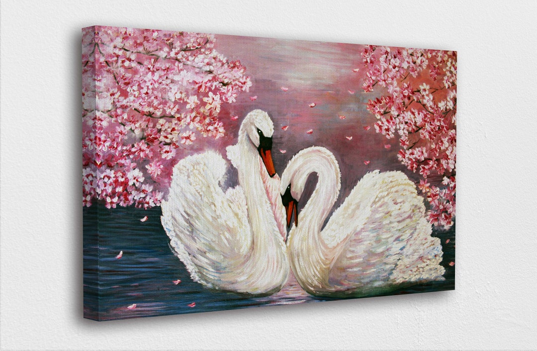 Painting Style Art Canvas-2 Swan in Lake W/ Cherry Blossoms Canvas ...