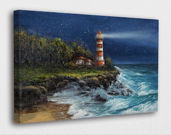 Painting Style Art Canvas-Light House at Night Painting Art Canvas/Printed Picture Wall Art Decoration POSTER or CANVAS READY to Hang Gift
