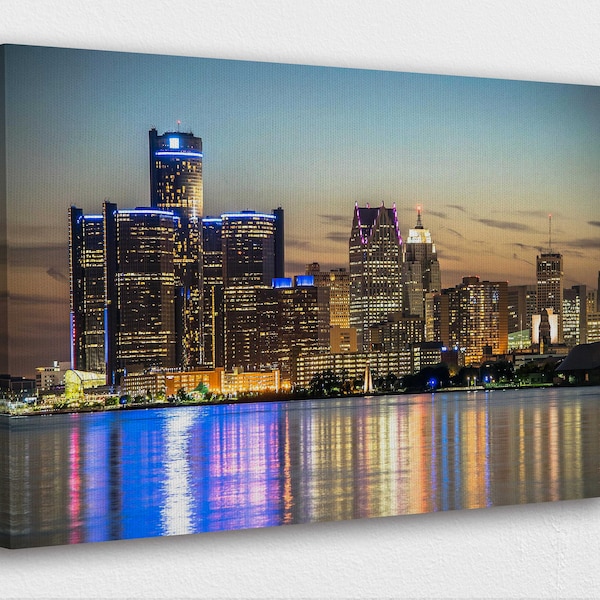 Famous Places Art Canvas-Detroit Skyline Michigan Art Canvas Poster/Printed Pictures Wall Art Decoration POSTER or CANVAS READY to Hang