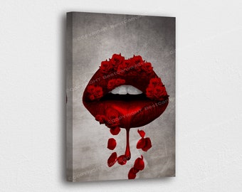 Red Lips Art Canvas Poster-Red Bloody Roses Lips Art Canvas Poster/Printed Picture Wall Art Decoration POSTER or CANVAS READY to Hang