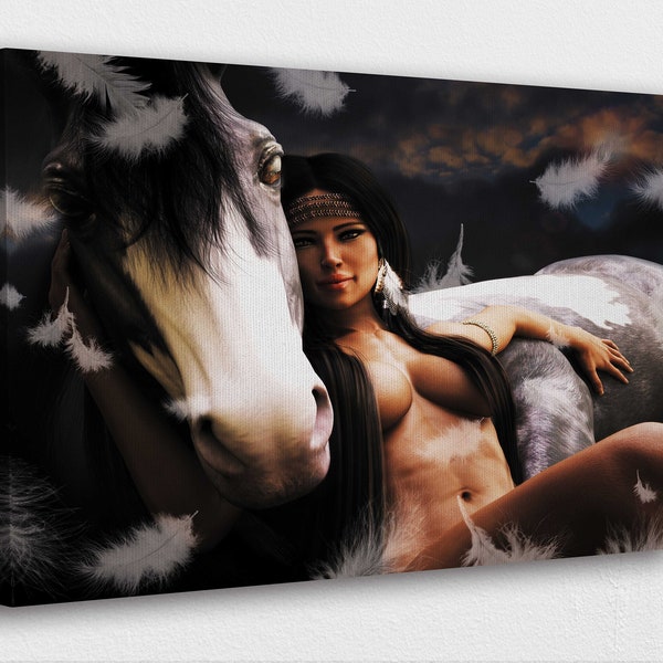 American Indian Art Canvas-Sexy Nude Lady w/ White Horse Art Poster/Printed Picture Wall Art Decoration POSTER or CANVAS READY to Hang