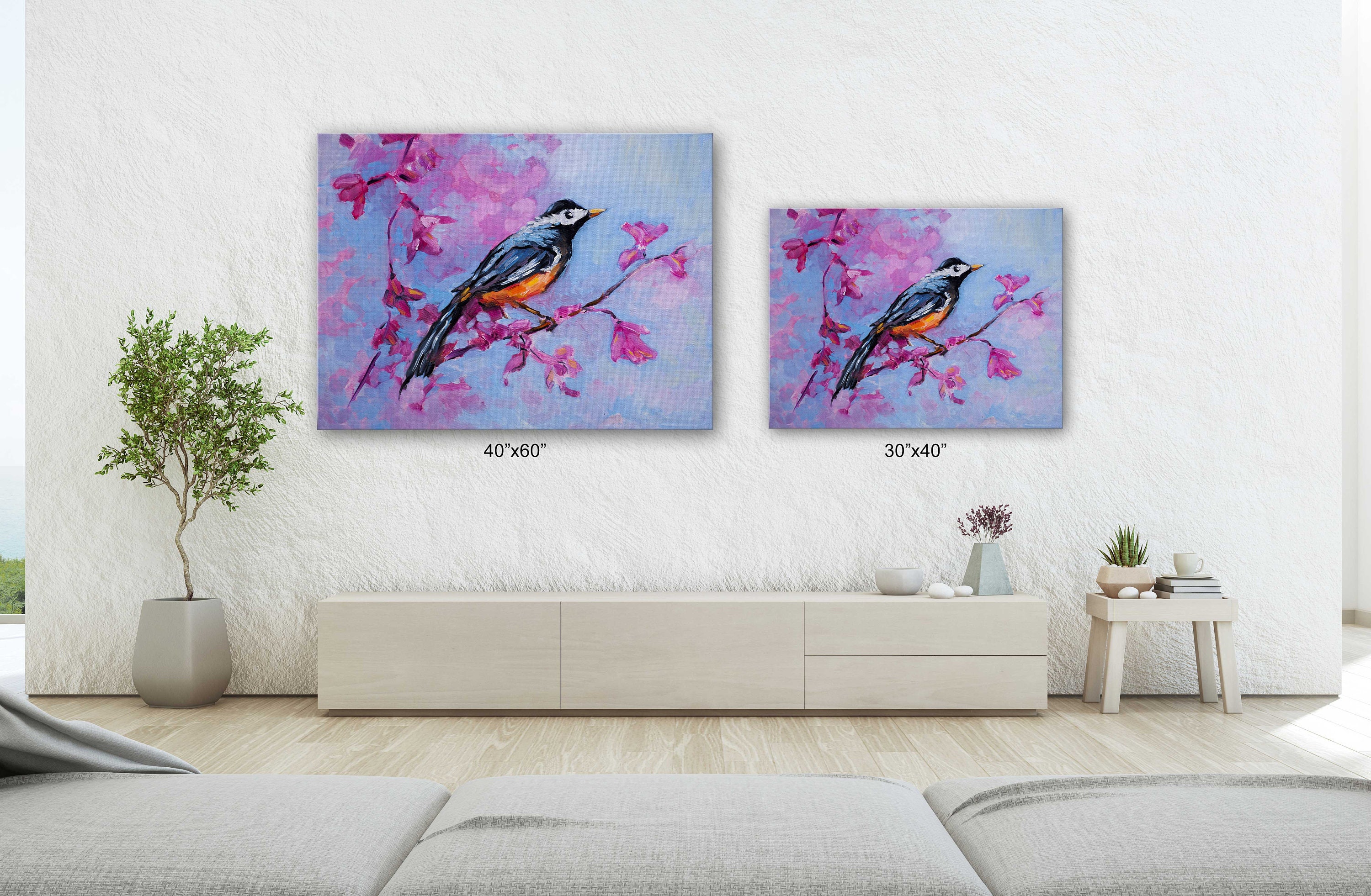 Painting Style Art Canvas-bird & Pink Flower Painting Style - Etsy