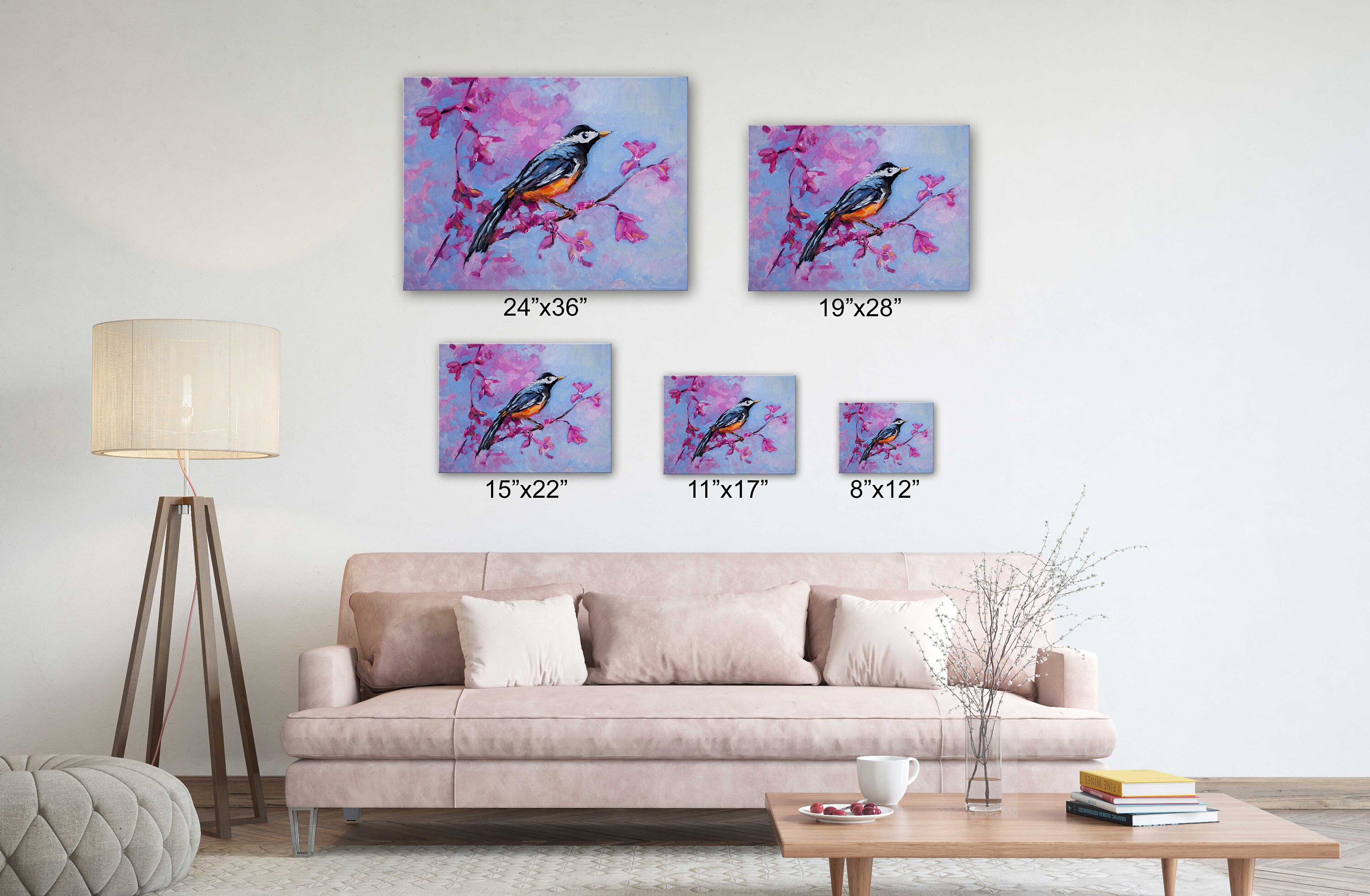 Painting Style Art Canvas-bird & Pink Flower Painting Style - Etsy