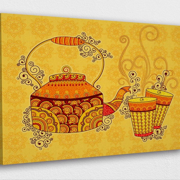 Indian Art Canvas Poster-Indian Kettle Tea Glass Yellow Color Art Canvas/Printed Picture Wall Art Decoration POSTER or CANVAS READY to Hang