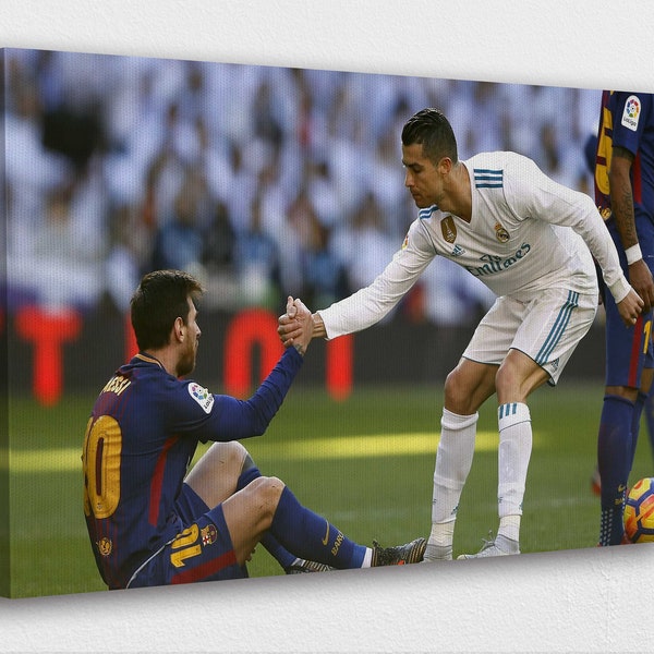 Messi & Ronaldo Art Canvas - Ronaldo Helps Messi Up Art Canvas Poster/Printed Picture Wall Art Decoration POSTER or CANVAS READY to Hang