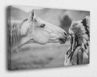 American Indian Art Canvas-Native Indian Woman w/ Horse B&W Art PosterPrinted Picture Wall Art Decoration POSTER or CANVAS READY to Hang