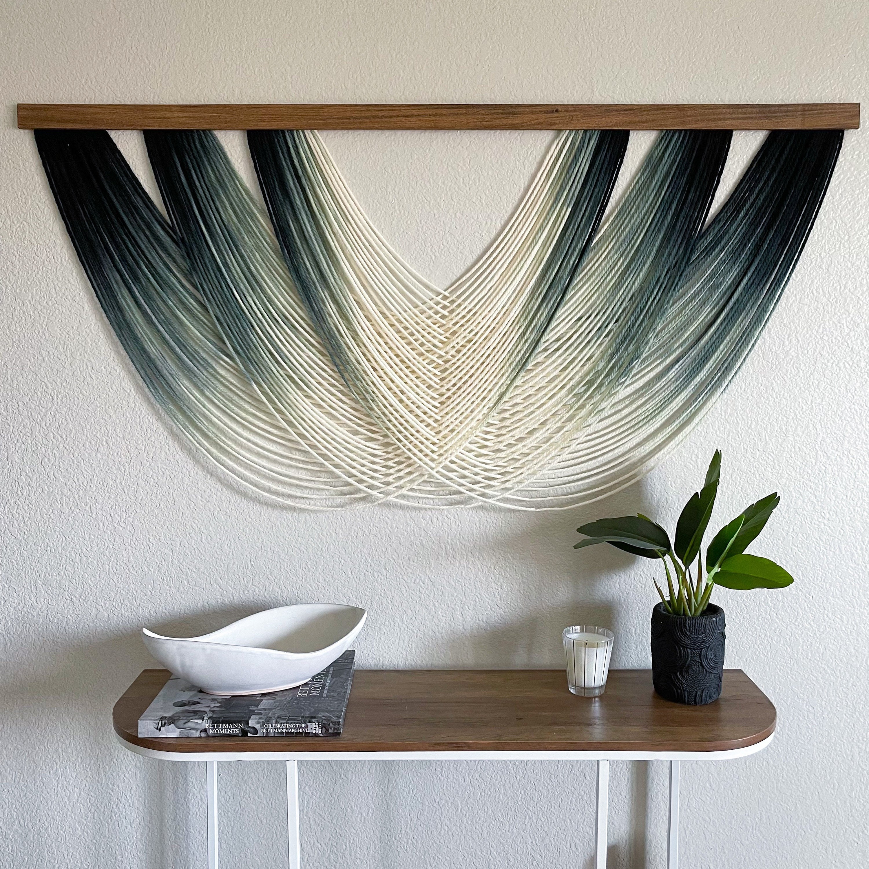 Emerald Ombré Wool Yarn Wall Hanging: Large Dip Dye Fiber Art