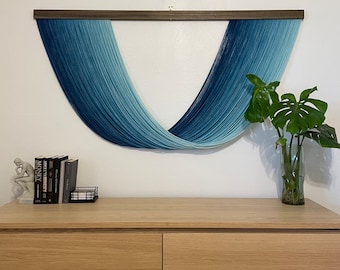 Large Dip Dyed Yarn Wall Hanging: Aegean Blue Fiber Art