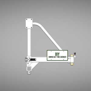 May include: A white metal swing out tire carrier with a black latch and a green sign that reads "DIY SWING OUT TIRE CARRIER".