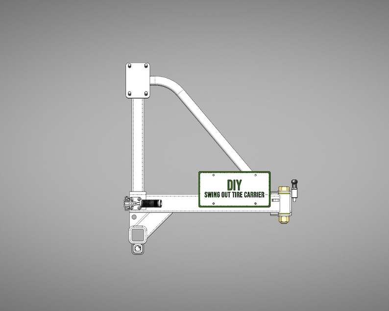 May include: A white metal swing out tire carrier with a black latch and a green sign that reads "DIY SWING OUT TIRE CARRIER".