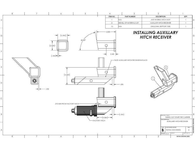 May include: A technical drawing showing how to install an auxiliary hitch receiver on a vehicle. The drawing shows the receiver in place, with dimensions and instructions for installation. The text "Installing Auxiliary Hitch Receiver" is at the top of the drawing.