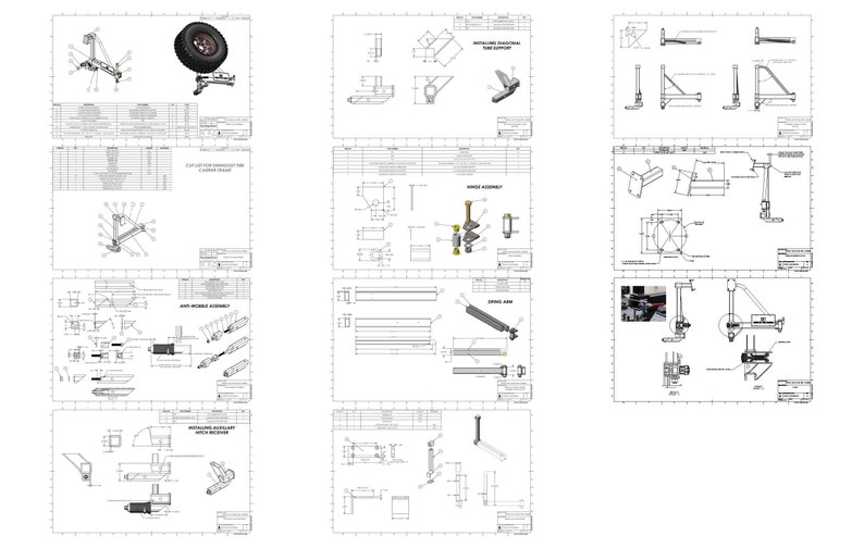 May include: Technical drawing of a spare tire carrier assembly for a vehicle. The drawing includes detailed dimensions and specifications for each component, including the mounting bracket, hinge assembly, and tire carrier arm.