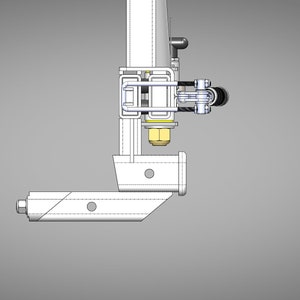 May include: A white metal hitch receiver with a silver pin and a black safety chain. The hitch is attached to a white metal frame.