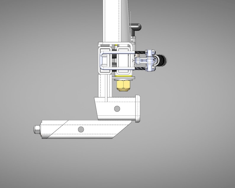 May include: A white metal hitch receiver with a silver pin and a black safety chain. The hitch is attached to a white metal frame.