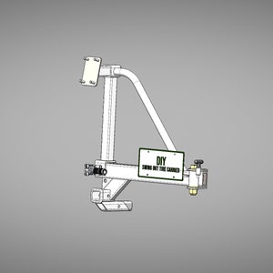 May include: A white metal swing out tire carrier with a black and green sign that reads "DIY SWING OUT TIRE CARRIER".
