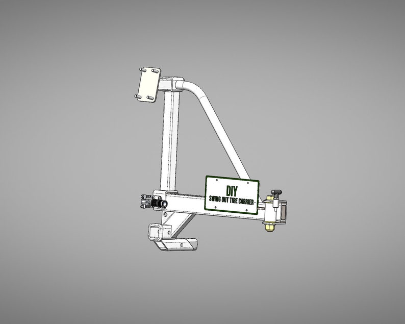 May include: A white metal swing out tire carrier with a black and green sign that reads "DIY SWING OUT TIRE CARRIER".