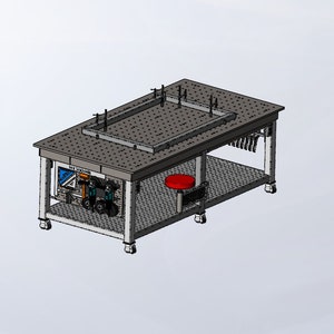 May include: A metal workbench with a perforated top surface, a red stool, and a variety of tools hanging on the side. The workbench has four wheels and is designed for working with metal.