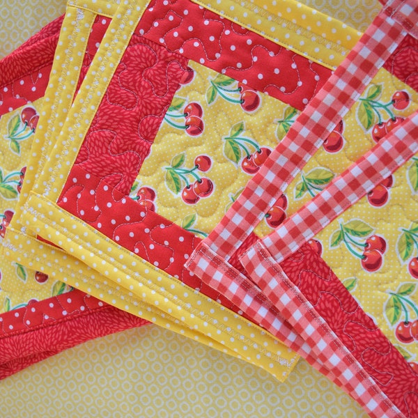 Handmade Quilted Potholders, Retro Cherry Potholder, Country Trivets, Yellow and Red Hot Pads, Cherry Kitchen, Christmas Gift under 30