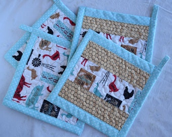 Multiple Layer Handmade Potholders, Quilted Trivets, Vintage Farmhouse Style Hot Pads, Country Cottage Core Kitchen, Farm Animals Hot Pads,