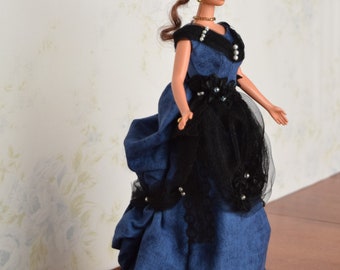 Victorian Ballgown for 11.5" Fashion Doll, Historical Dress fits Barbie Dolls, Handmade Blue and Black Doll Outfit, Evening Dress, Civil War