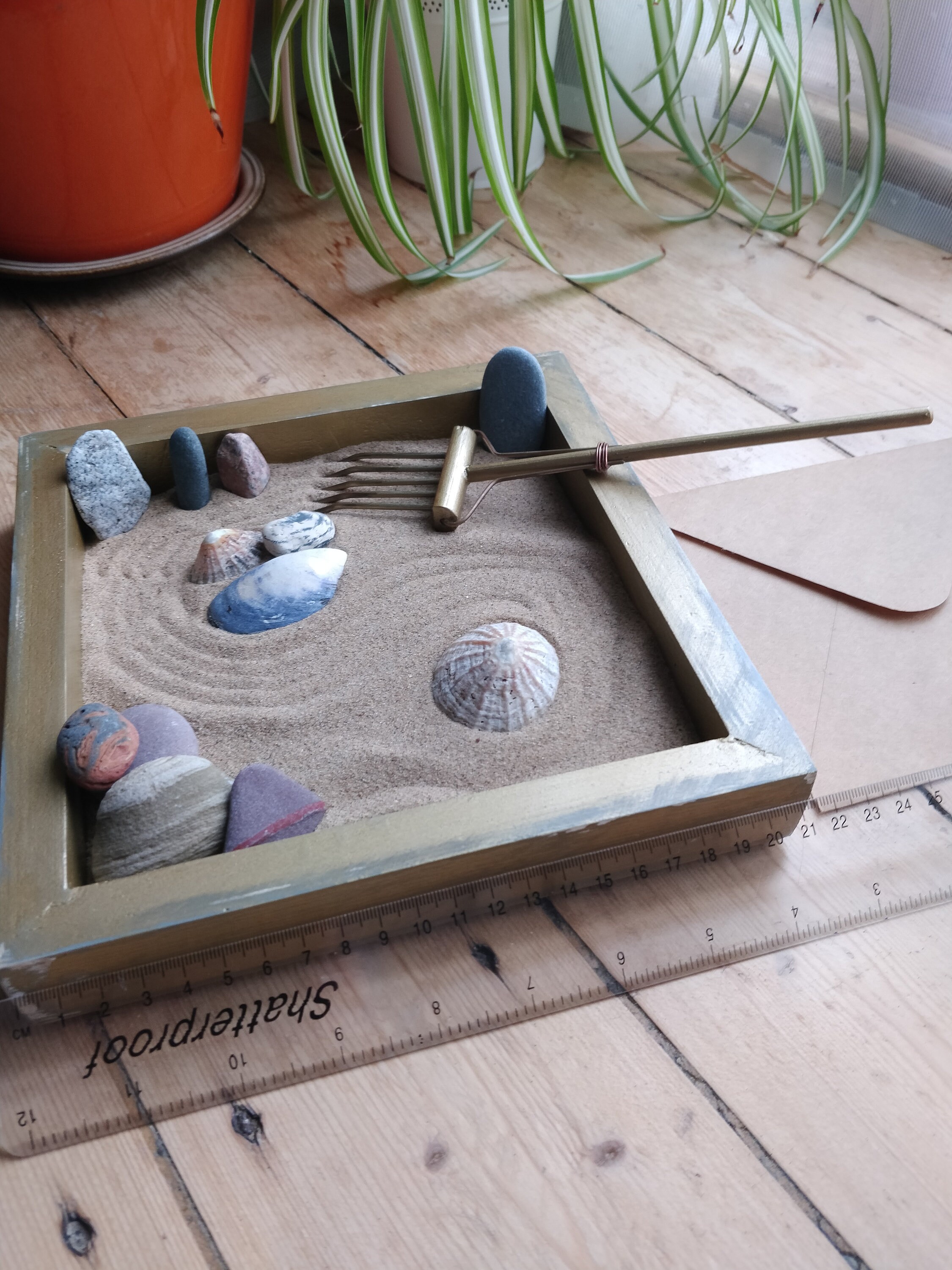 Zen Sand Garden finished in distressed antique gold. Handmade Etsy