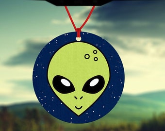 Alien luchtverfrisser - auto luchtverfrisser - kleine groene alien - buitenaards gezicht - autoaccessoires - schattige alien - autogeur - ROND