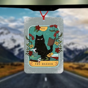 Ambientador de coche de cartas del tarot - accesorios para el coche - libro de lectura del gato negro - el Lector - regalo del lector de cartas del tarot - regalo espiritual - amante de los gatos
