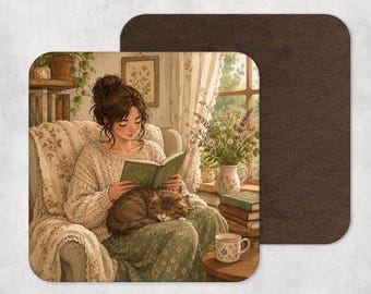 Cottagecore Book & Cat Coaster – Book Lover Gift, Cozy Books Design, Whimsical Coasters