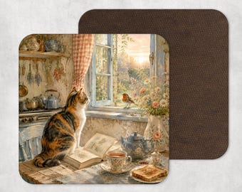 Whimsical Cottage Cat Coaster – Book Lover Gift, Cottagecore Design