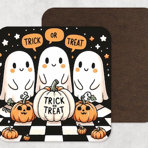 Trick or treat drinks coaster - Halloween coaster - ghosts and pumpkins gift - Halloween gift - Autumn gift - spooky season coaster