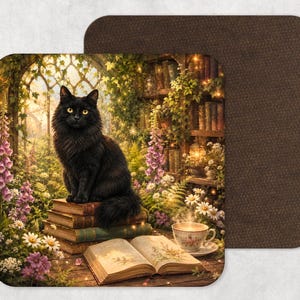 May include: A square coaster featuring a black cat sitting on a stack of vintage books in a garden library setting. The scene includes an open book, a steaming teacup, purple foxglove flowers, white daisies, and a bookshelf filled with old volumes.