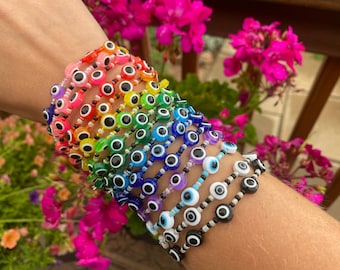 Pulsera elástica de cuentas de mal de ojo en colores del arcoíris