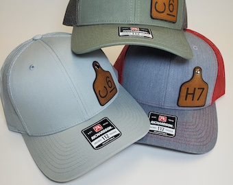 Custom Richardson 112 Laser Engraved Leather Patch Hat- Dairy Cow Ear Tag Custom Farm name with Cow Ear Tag Button Rivot