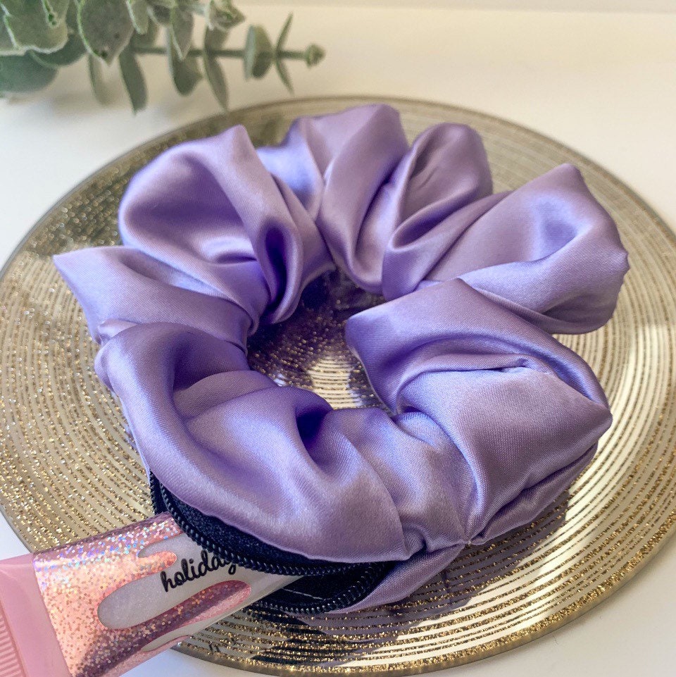 Lavender Satin Scrunchie With Zipper Pocket for Storage. | Etsy