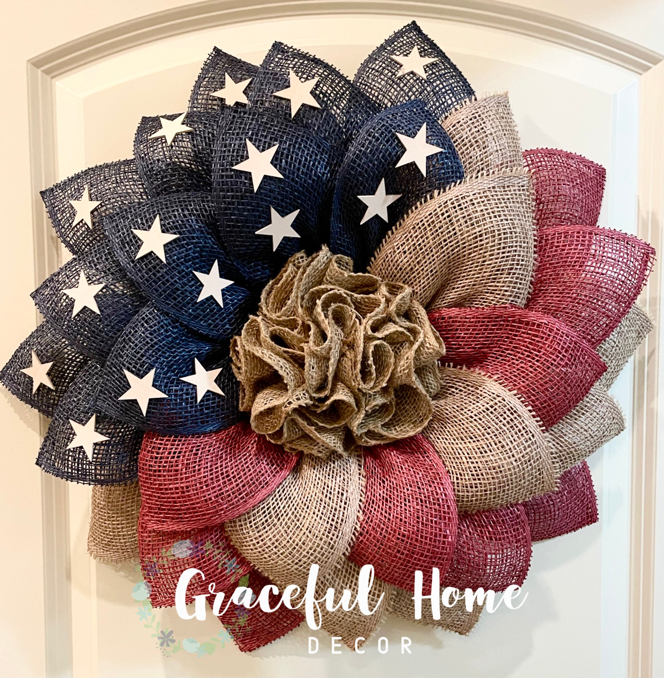 Americana Burlap Patriotic Wreath, Rustic Red White Blue, Front Door ...