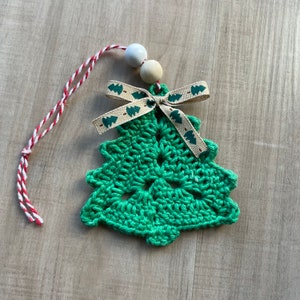 Crochet Christmas tree ornament with tree ribbon accent | modern farmhouse handmade ornament