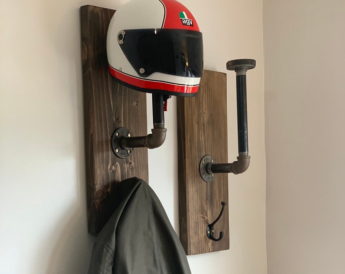 Handmade Wood and Iron Pipe Helmet Rack - Etsy