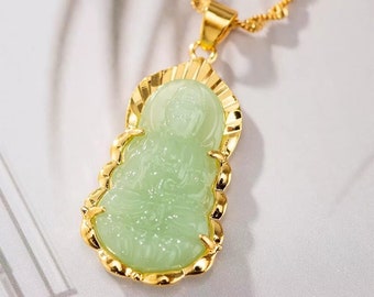 Jade Buddha Pendant, Gold Plated Buddhist Necklace, Protection Chain