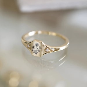 Anillo de oro de 14k personalizado con flor de nacimiento, delicado anillo de sello