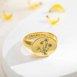 Custom Gold Signet Ring of Family Birth Flowers, Silver Signet Ring Birth Flower Bouquet, Personalized Birth Month Flower BirthFlower Gifts