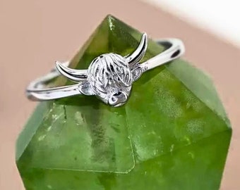 Highland Cow Rings, Dainty Cow, Highland Cow Jewelry Gift for Her, Western boutique for Cowgirls, Sterling Silver and 18K Gold Band