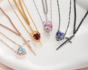 Personalized Heart & Sword Necklace, Gothic Pendant, Birthstone Jewelry