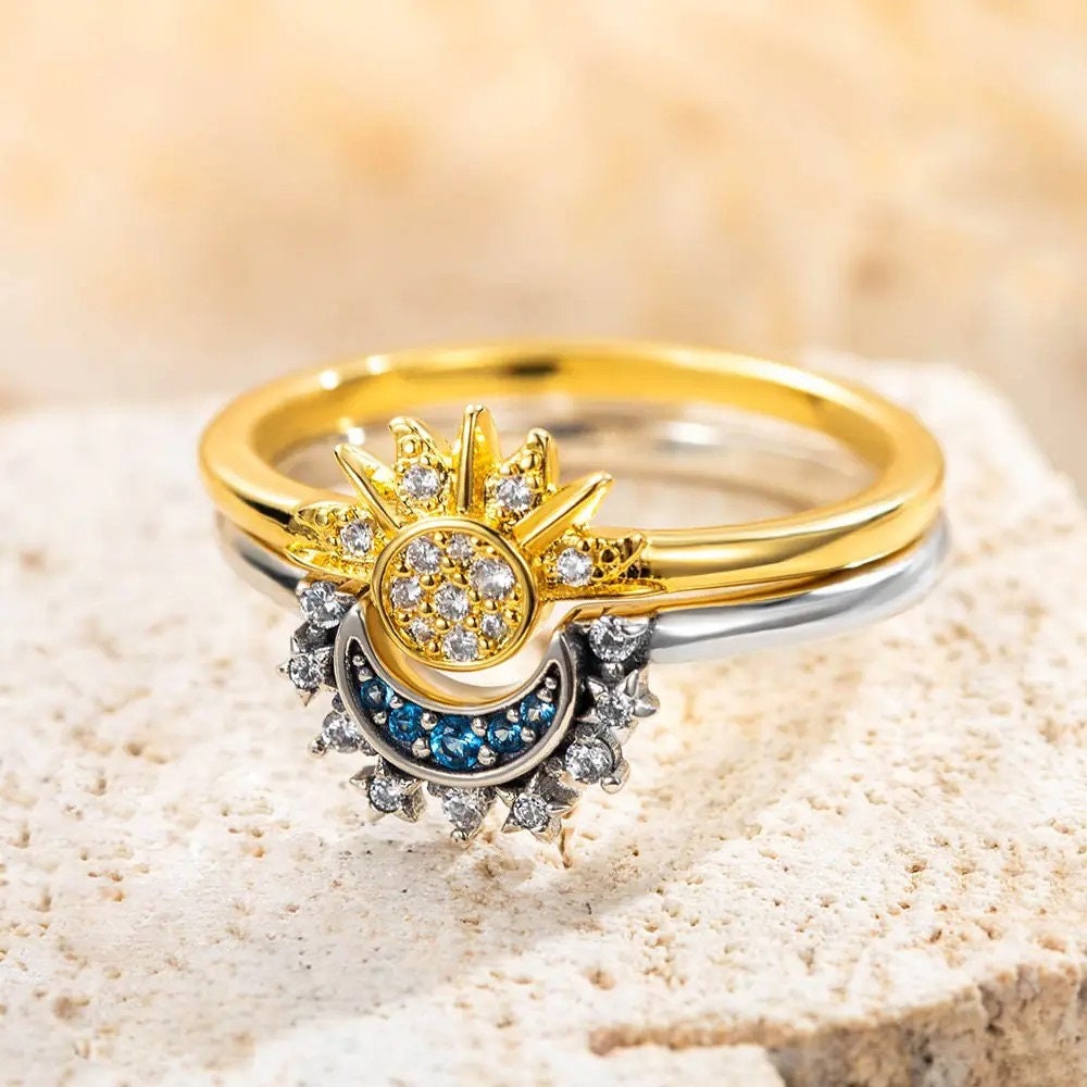 Celestial Sun and Moon Rings: Sterling Silver Couple Rings