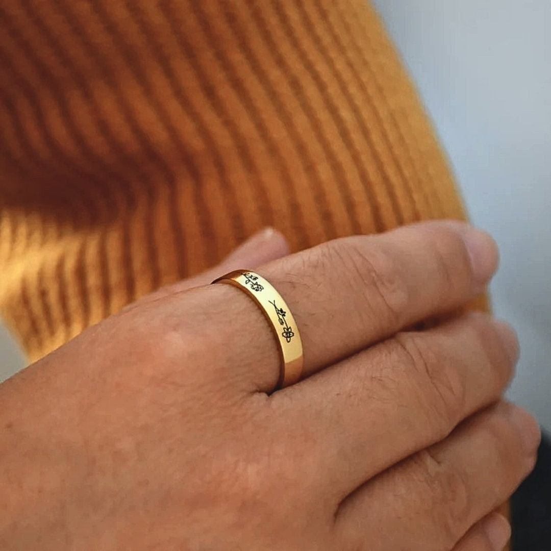 18k Custom Band Birth Month Ring, Personalized Family Birth Flowers ...