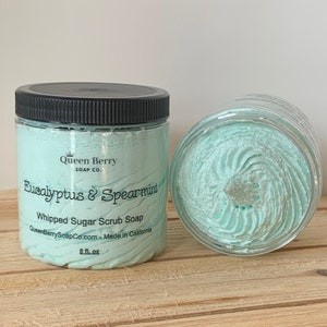 Whipped Sugar Scrub Soap - Eucalyptus Mint - Stress Reliever  -  Exfoliate, Clean, Paraben and Cruelty Free- Foaming Whip