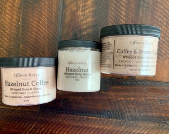 Hazelnut Coffee Scented Set: Coffee & Brown Sugar Whipped Scrub Soap - Hazelnut Coffee Body Butter Lotion and Hazelnut Coffee Whipped Soap